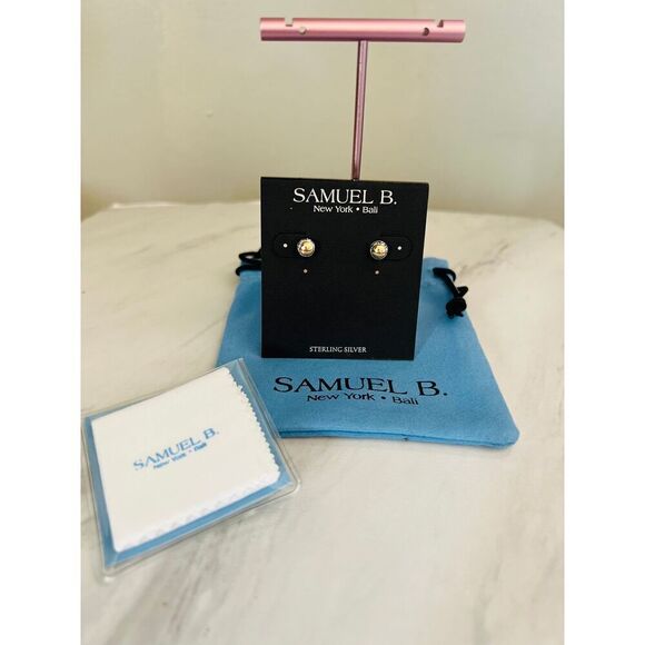 SAMUEL B. Sterling Silver & 18K Yellow Gold Round Stud Earrings, GOLD, NWT - Picture 5 of 13